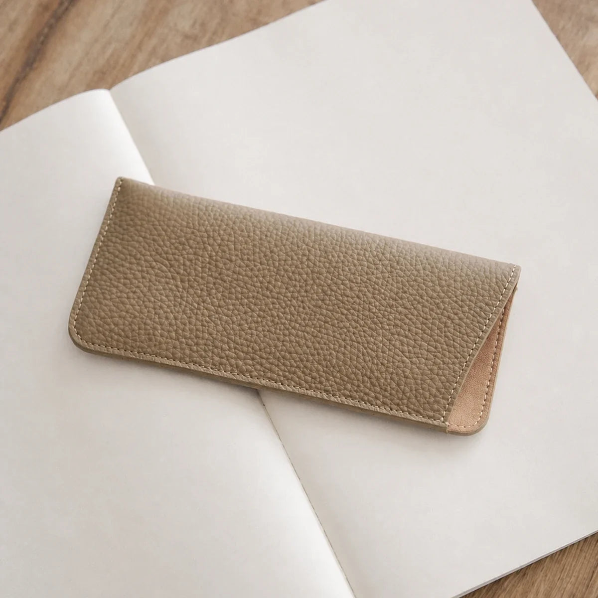 Khaki Gray pebbled top-grain cowhide eyeglass sleeve