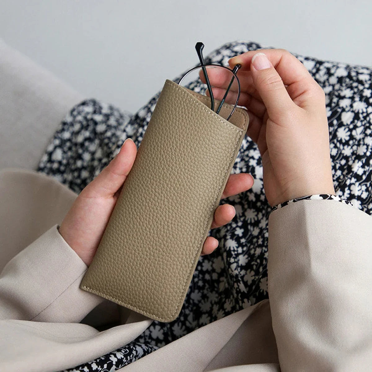 Khaki Gray pebbled cowhide eyeglass sleeve in use