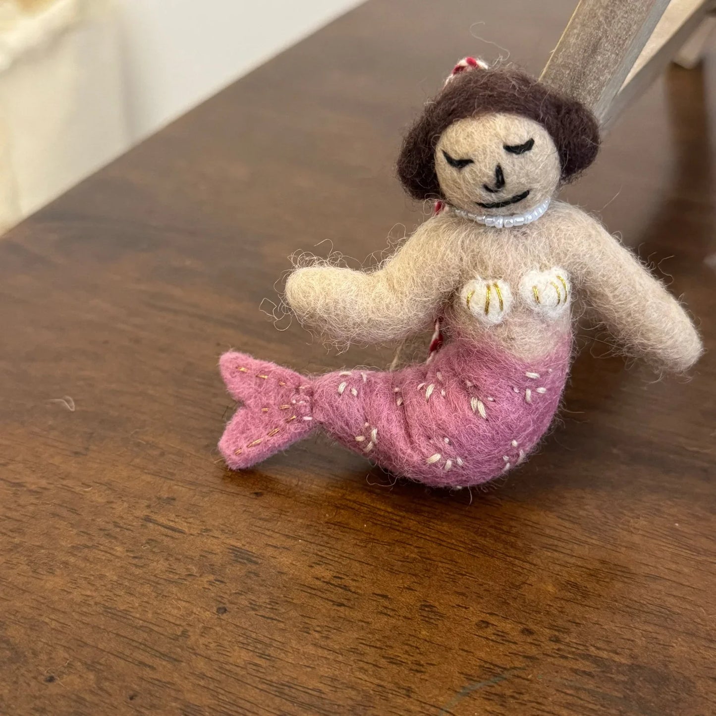 Pink mini wool felt mermaid keyring charm
