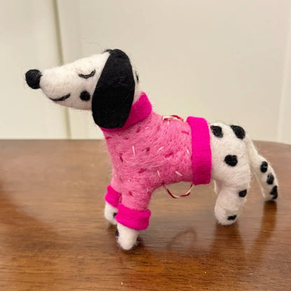 Pink Spotted Dog handmade wool felt ornament