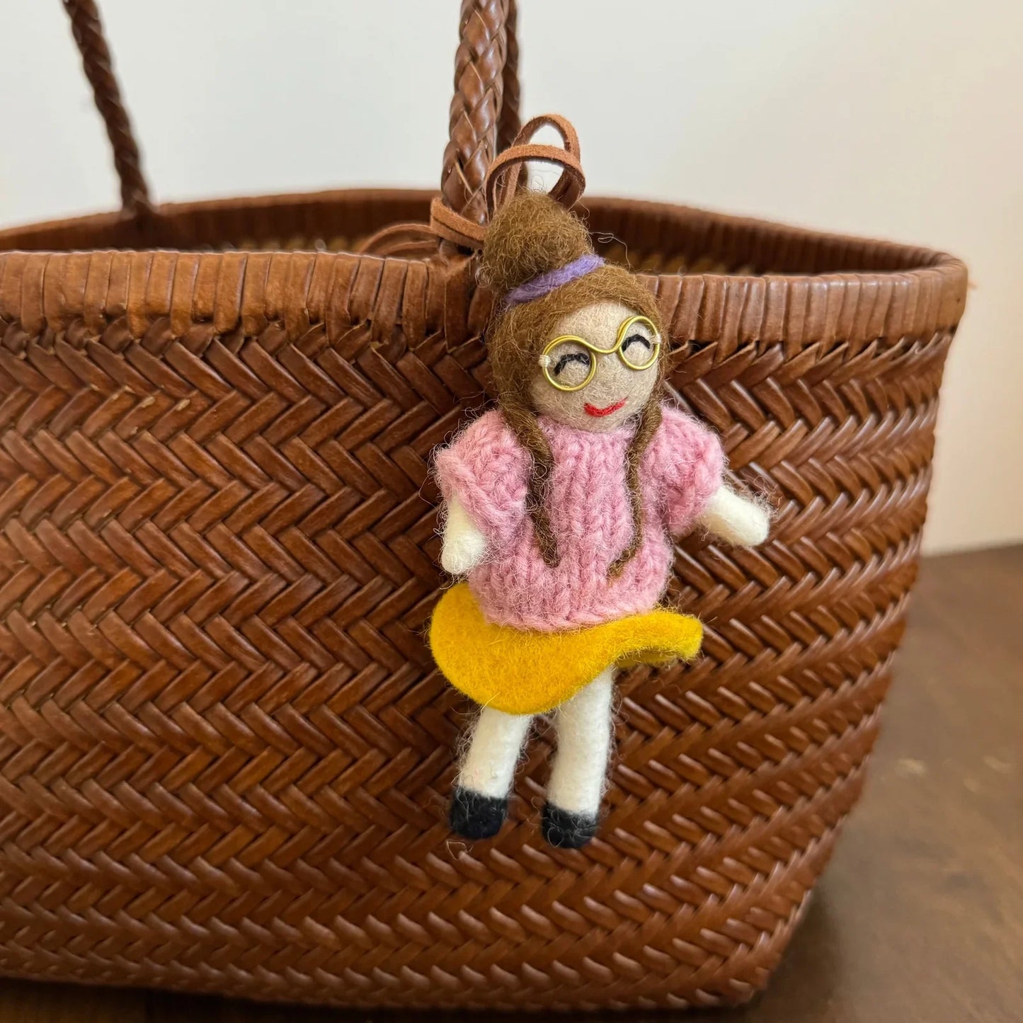 Pink sweater girl handmade wool felt charm with cord loop