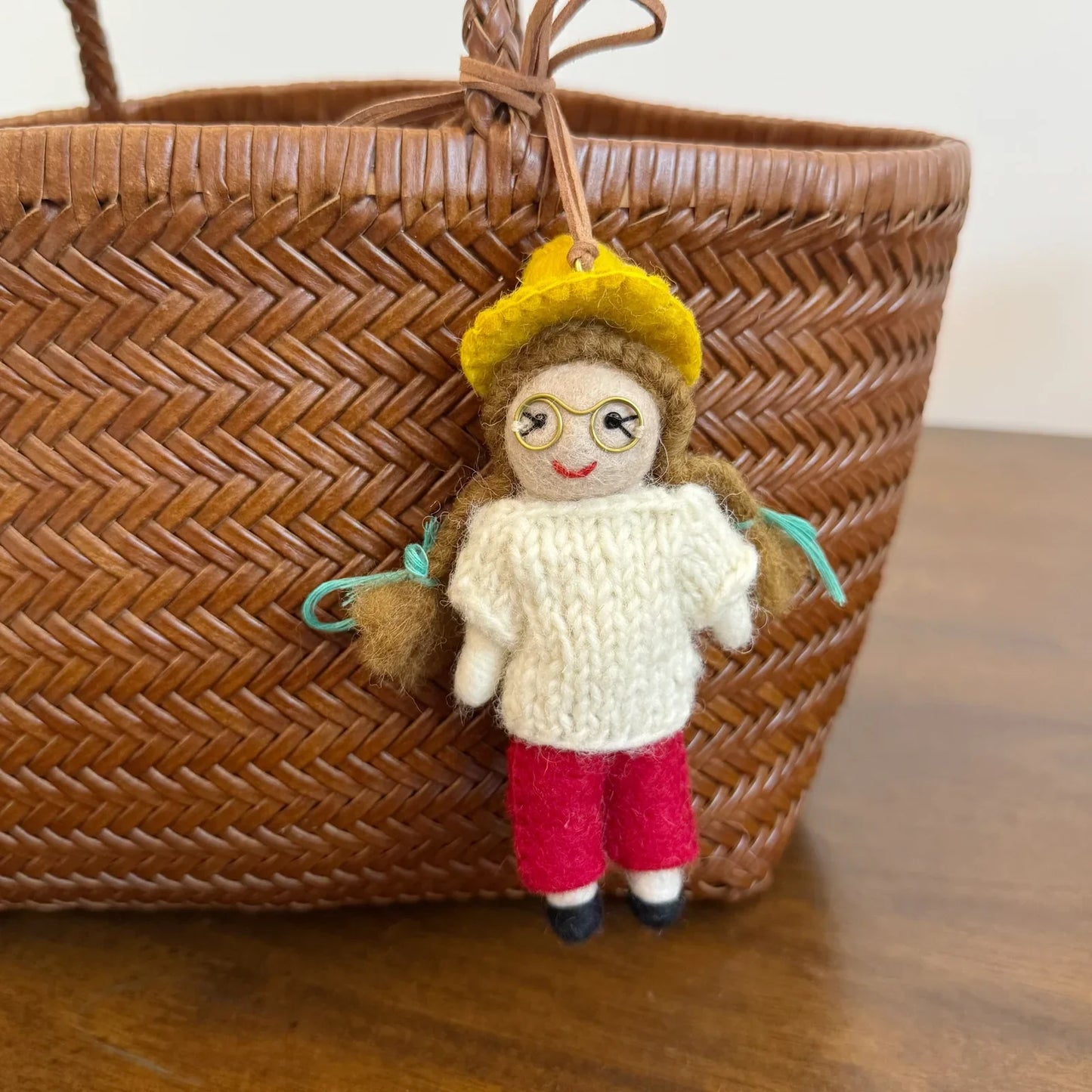 Ponytail girl wool felt charm front detail