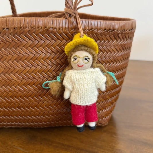 Ponytail girl handmade wool felt charm with cord loop
