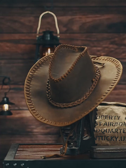 Men's Hand-Stitched Cowhide Leather Western Cowboy Hat