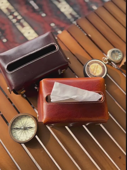 Vegetable-Tanned Leather Tissue Box Cover with Snap Closure