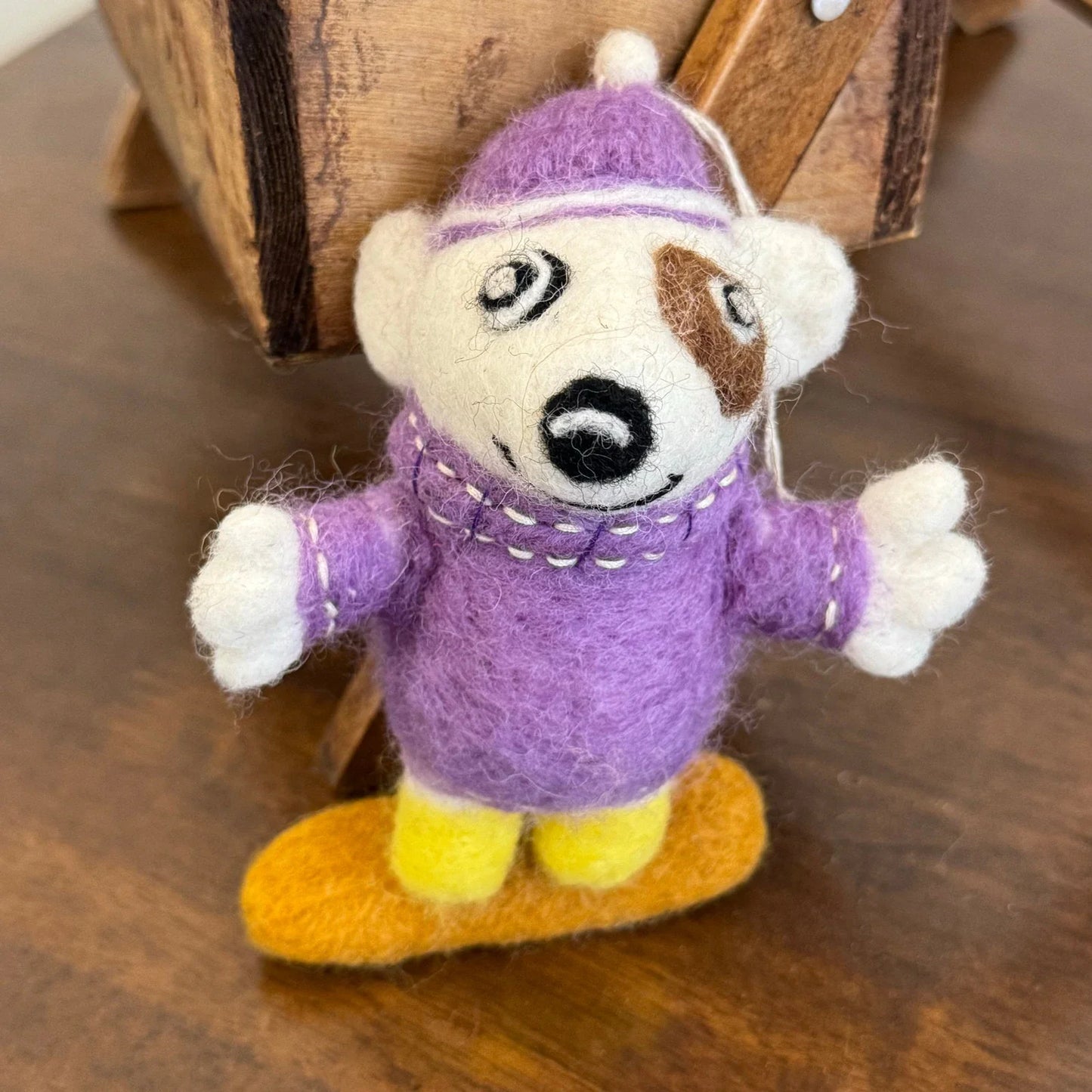 Purple Skater Dog handmade wool felt keychain and bag charm