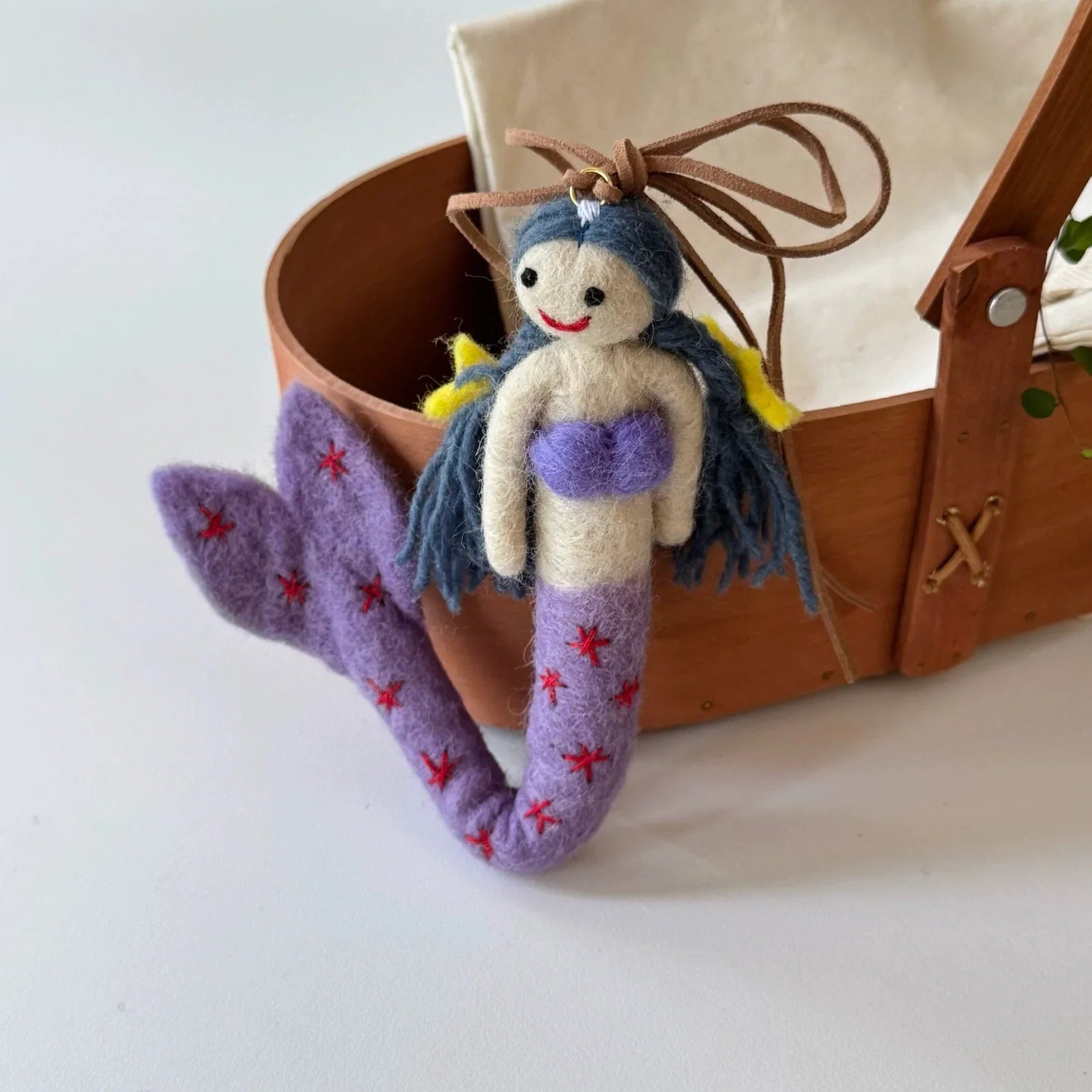 Purple tail wool felt mermaid charm with cord loop