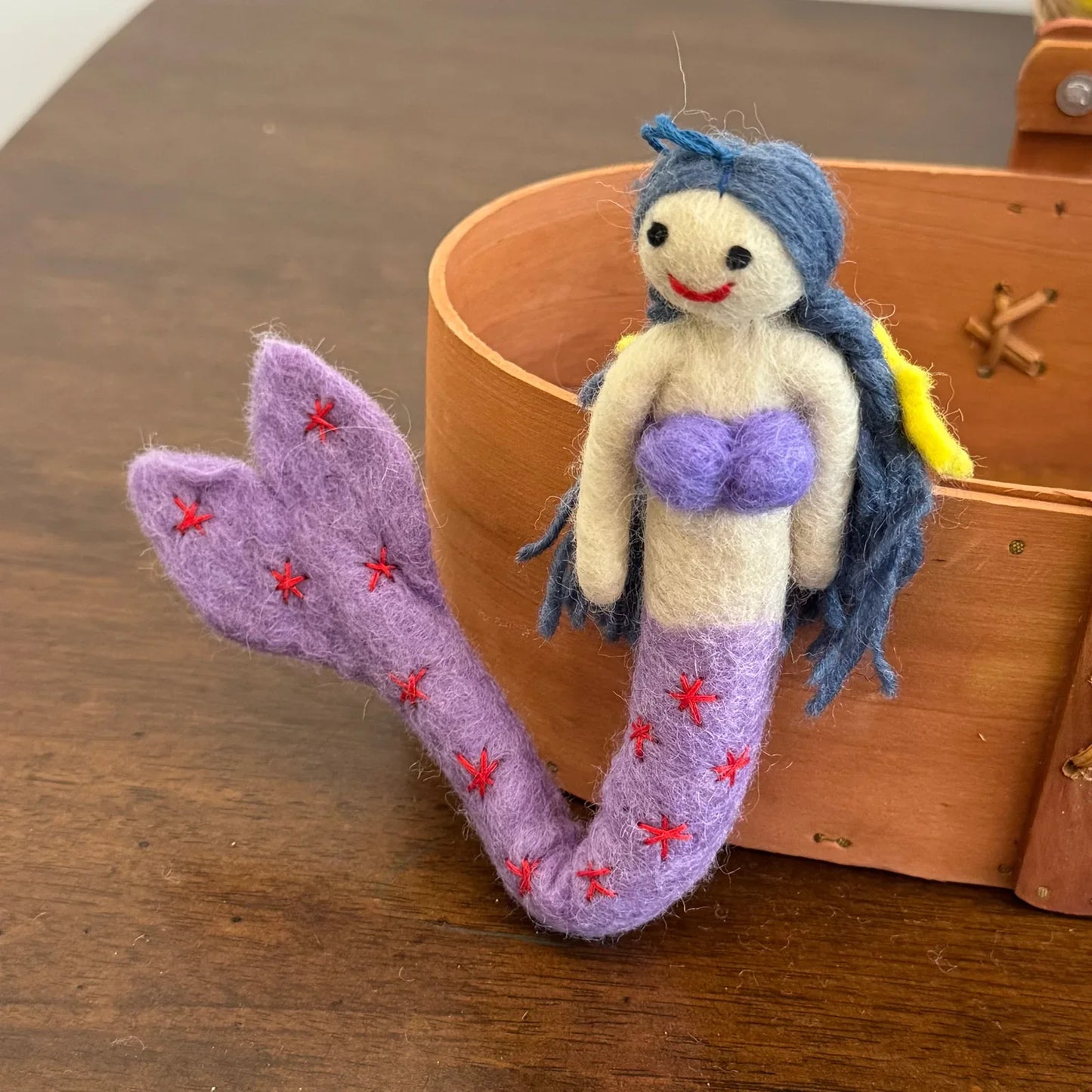 Purple tail wool felt mermaid charm with cord and keyring