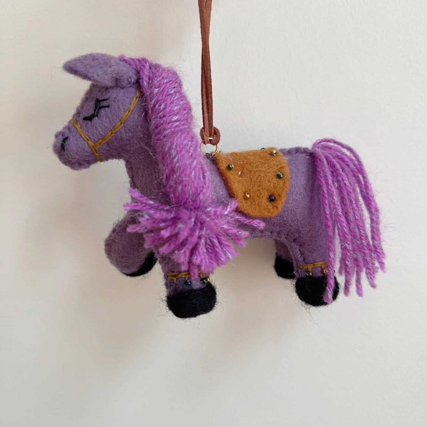 Purple wool felt horse bag charm with leather rope loop