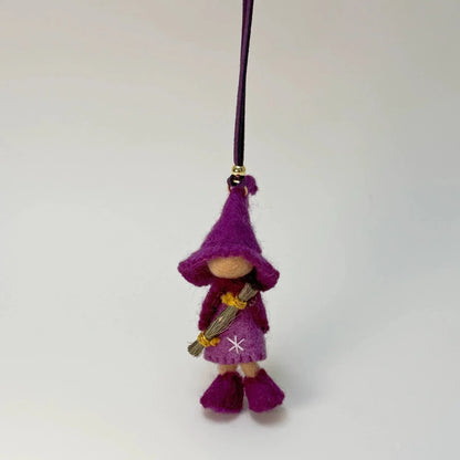 Purple handmade wool felt witch bag charm with cord loop