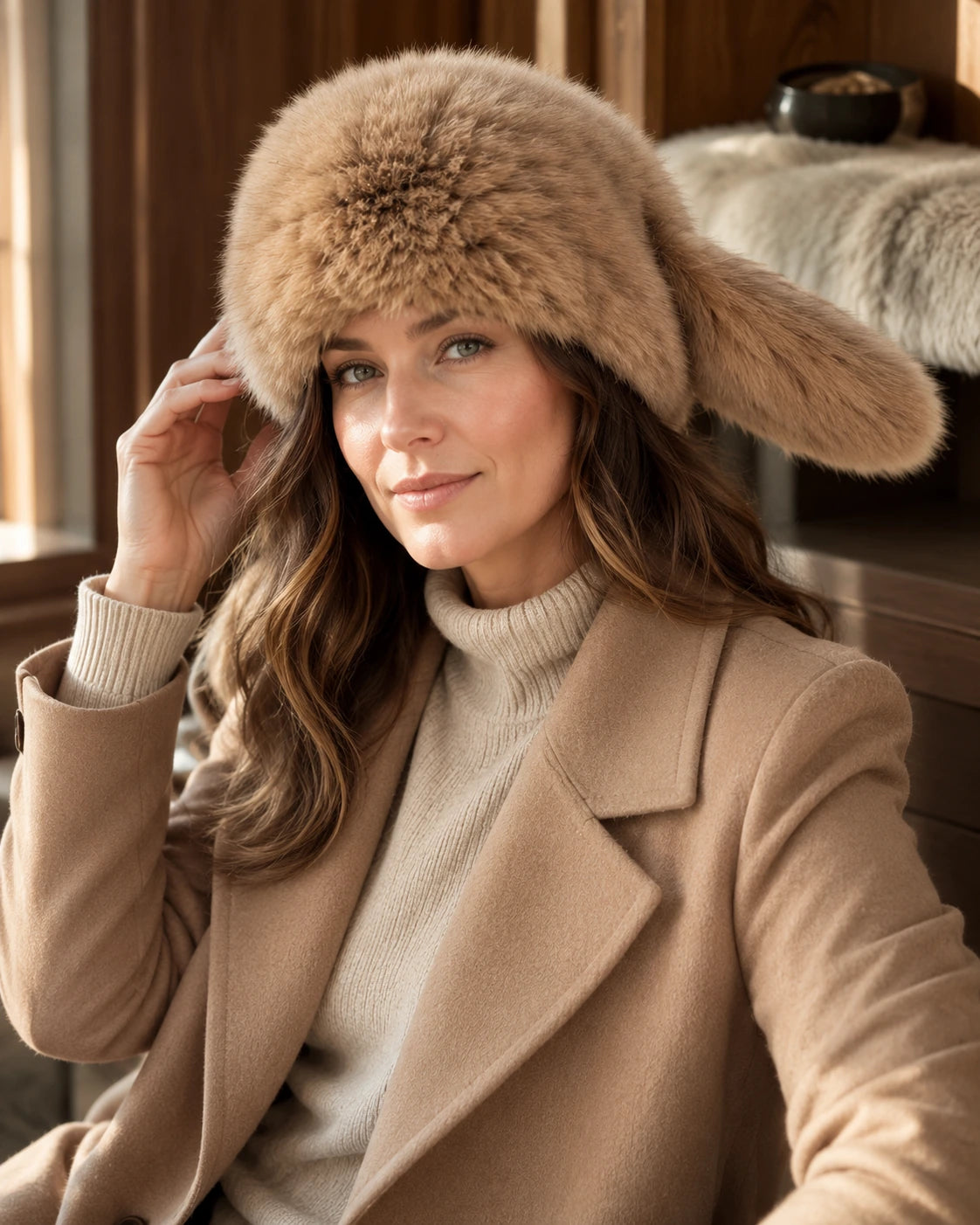 Camel genuine rabbit fur bunny ear hat worn with neutral winter coat