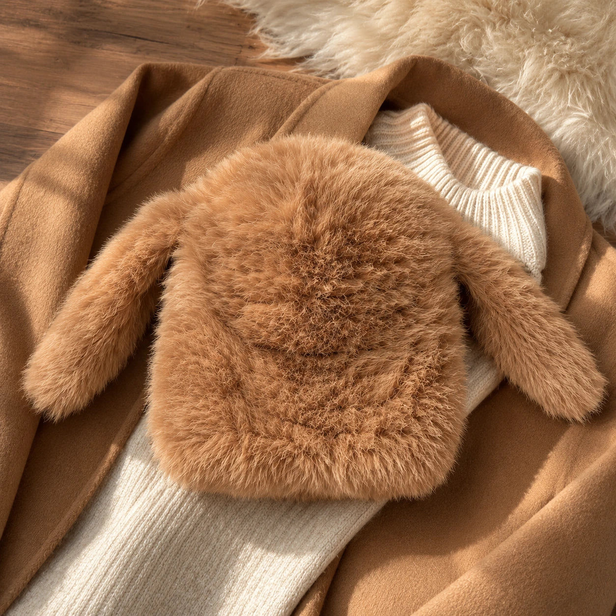 Camel genuine rabbit fur bunny ear hat styled with winter neutrals
