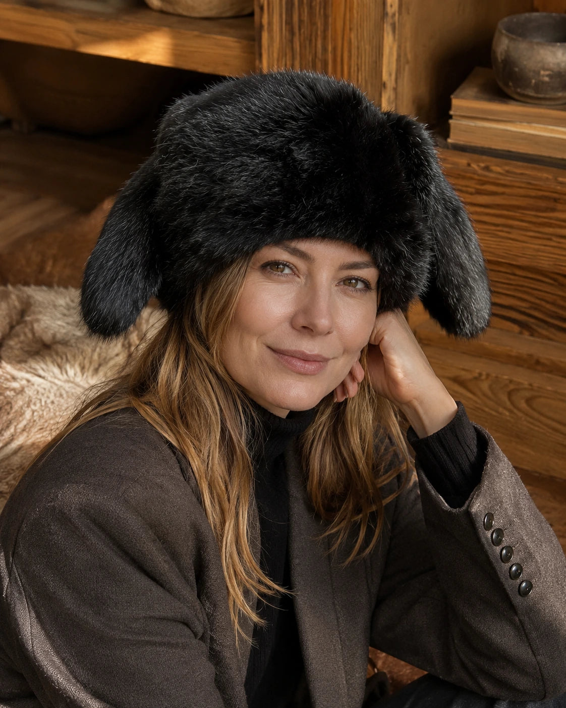 Natural Black genuine rabbit fur bunny ear hat worn indoors