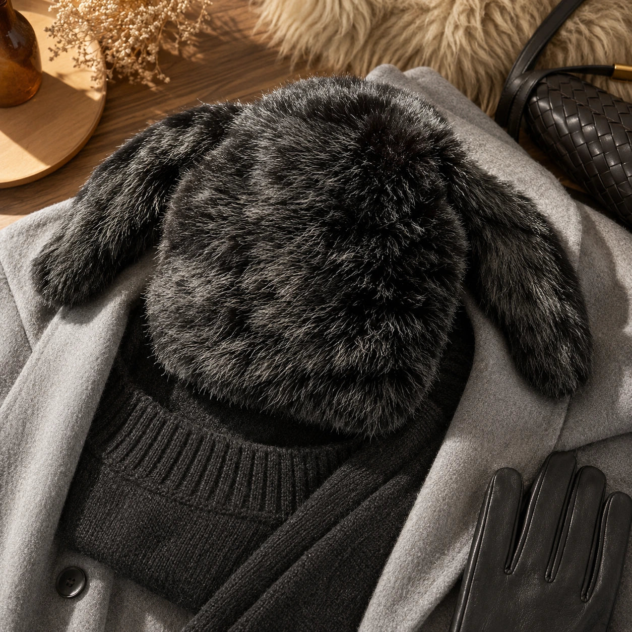 Natural Black genuine rabbit fur bunny ear hat styled with cold weather accessories