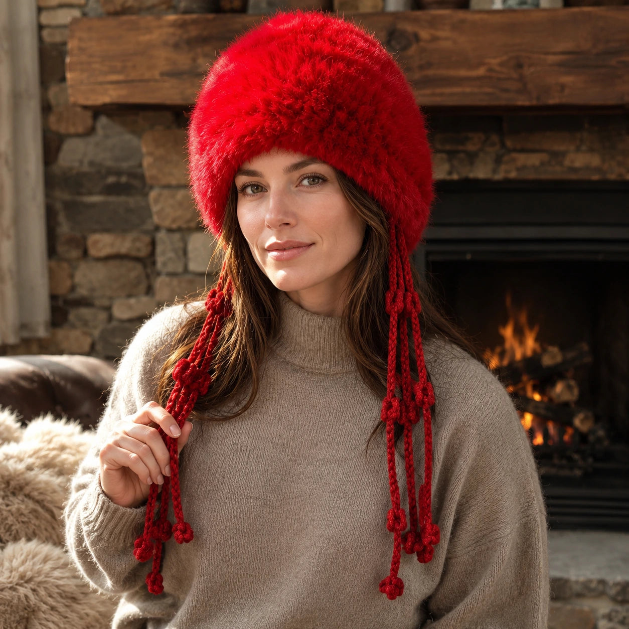 Heritage Red genuine rabbit fur knit earflap hat worn by fireplace