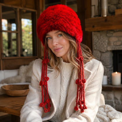 Heritage Red genuine rabbit fur knit earflap hat worn indoors