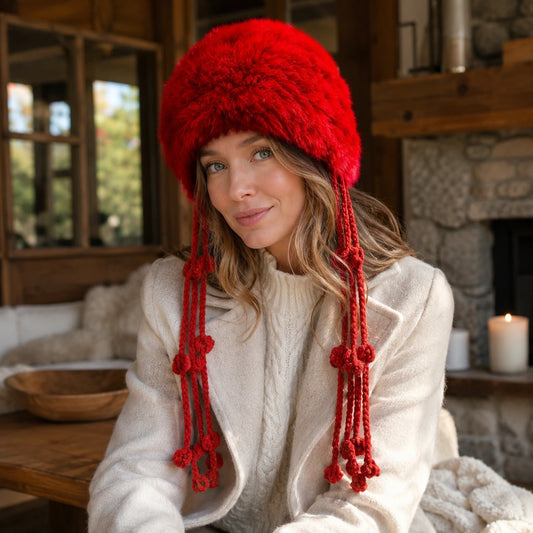 Heritage Red genuine rabbit fur knit earflap hat worn indoors