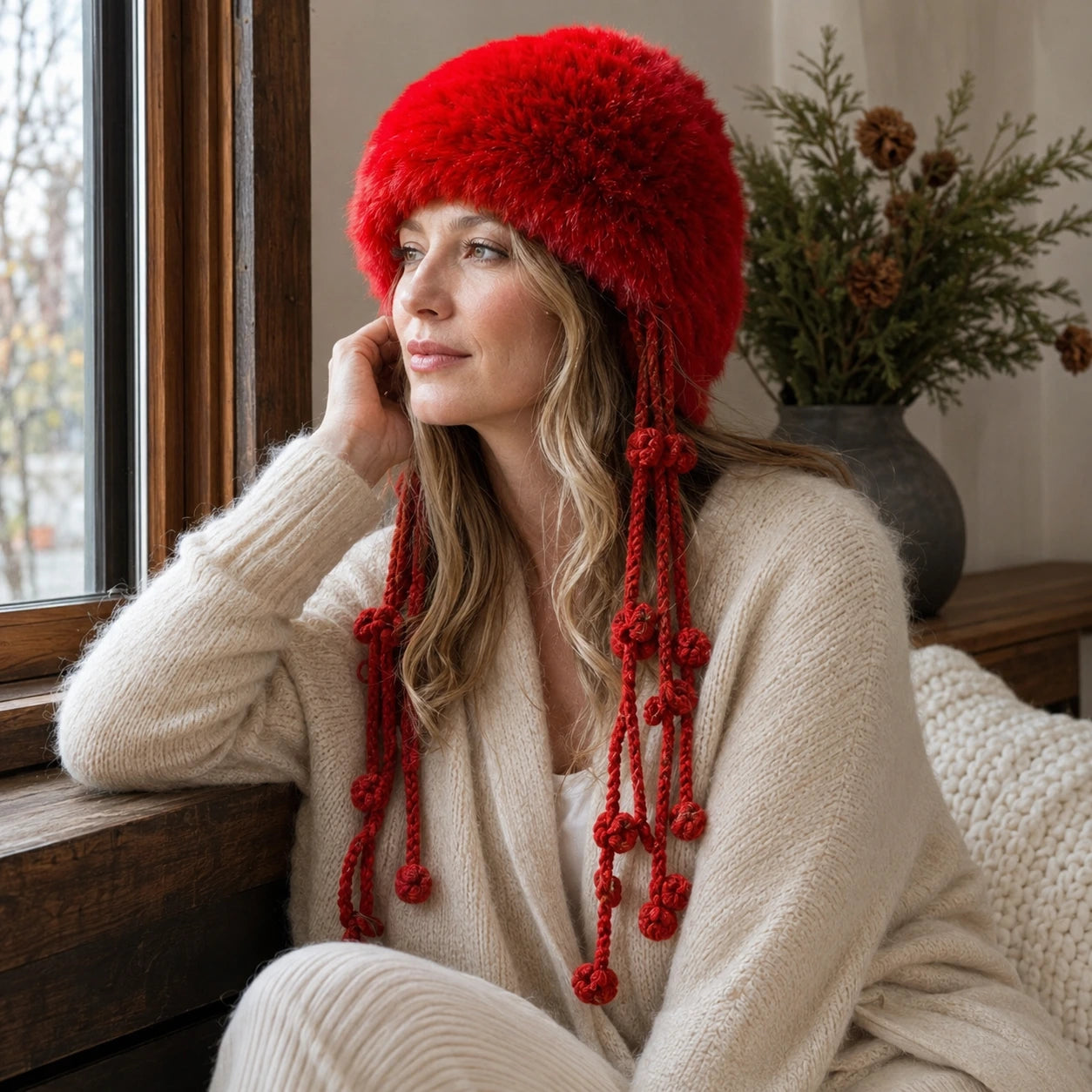Heritage Red genuine rabbit fur knit earflap hat worn near winter window