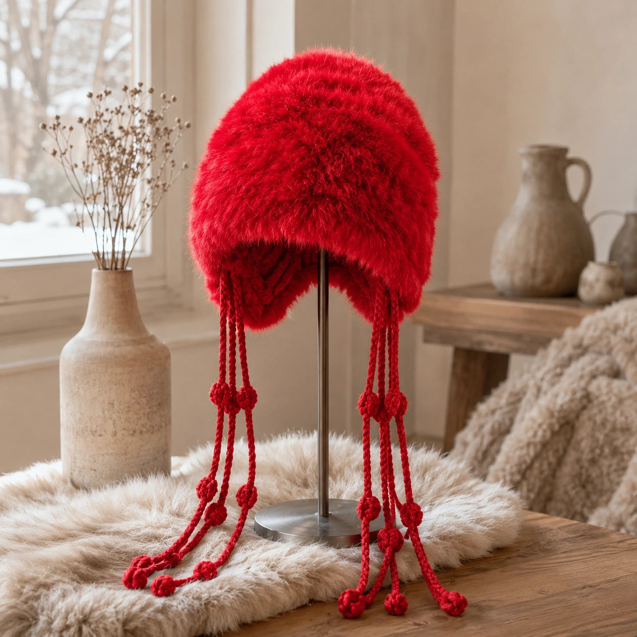 Heritage Red genuine rabbit fur knit earflap hat styled on sheepskin