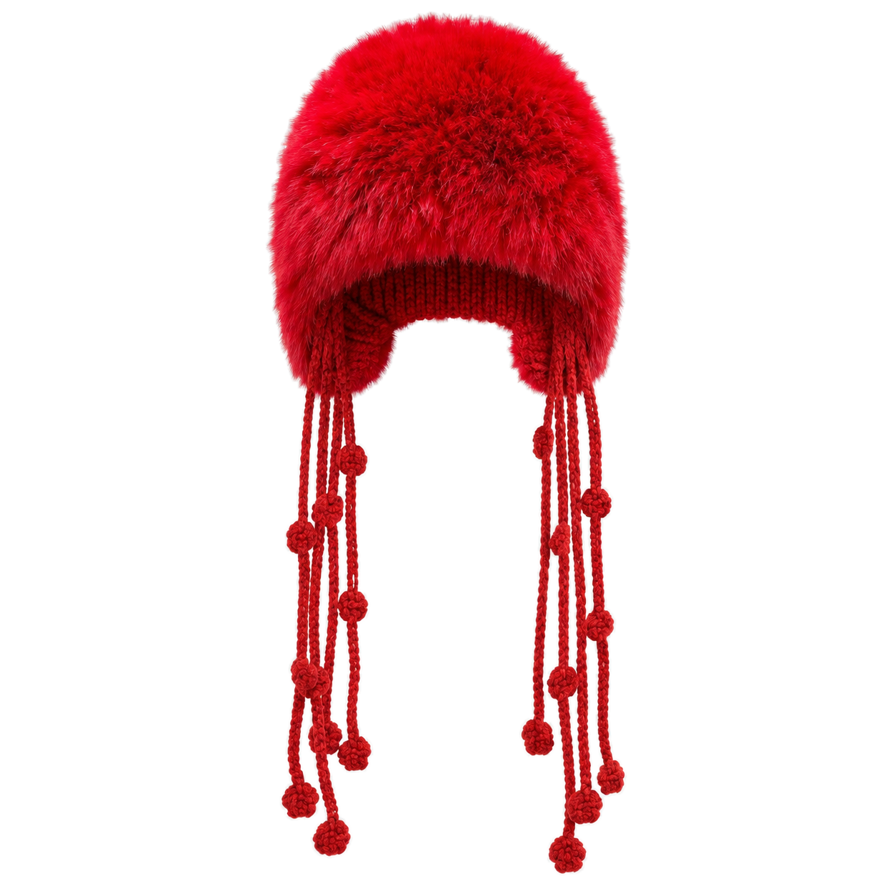 Heritage Red genuine rabbit fur knit earflap hat, transparent background