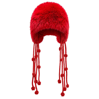 Heritage Red genuine rabbit fur knit earflap hat, transparent background