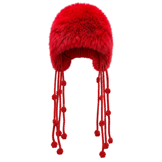 Heritage Red genuine rabbit fur knit earflap hat, transparent background