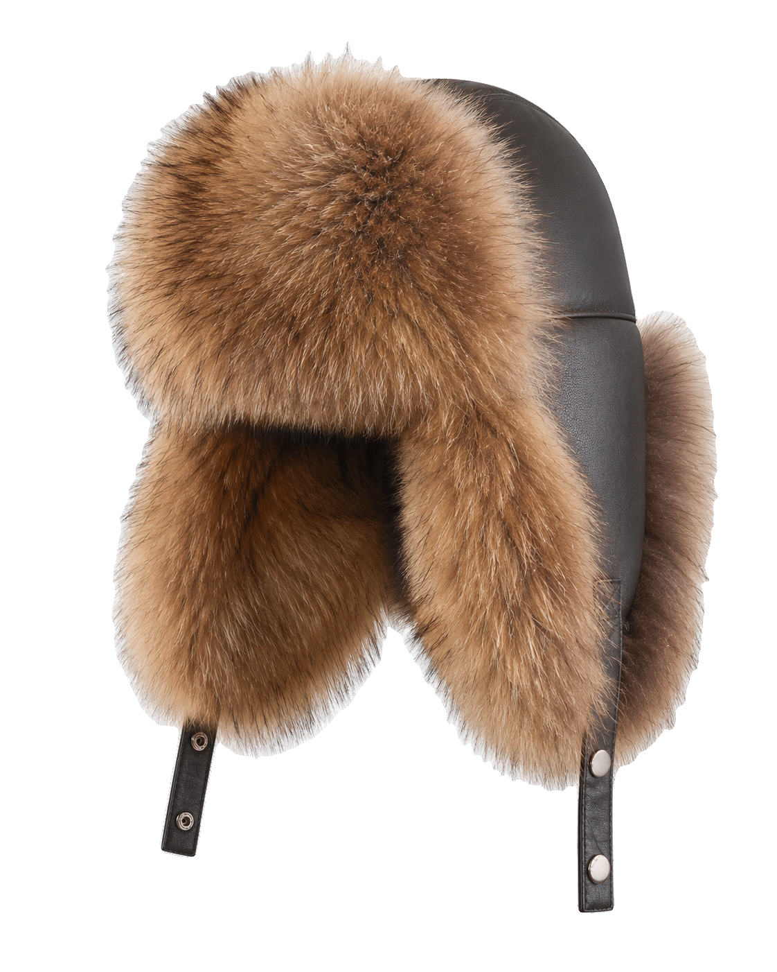 Raccoon Brown genuine fur and sheepskin leather ushanka hat, front product view