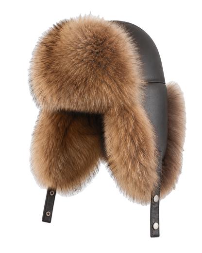 Raccoon Brown genuine fur and sheepskin leather ushanka hat, front product view