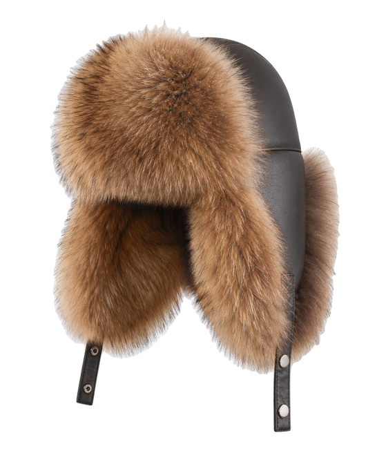 Raccoon Brown genuine fur and sheepskin leather ushanka hat, front product view