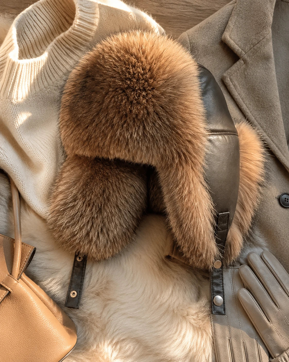 Raccoon Brown fur ushanka hat with sheepskin leather crown in a winter flat lay