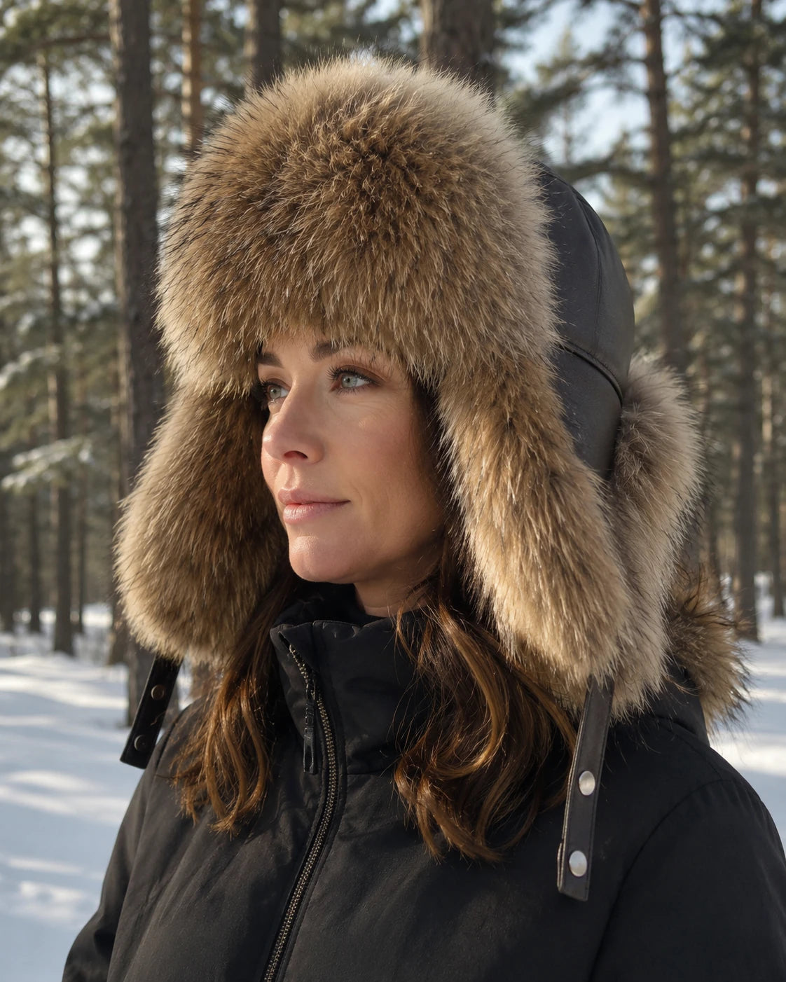Raccoon Brown fur and leather ushanka worn on a snowy winter trail