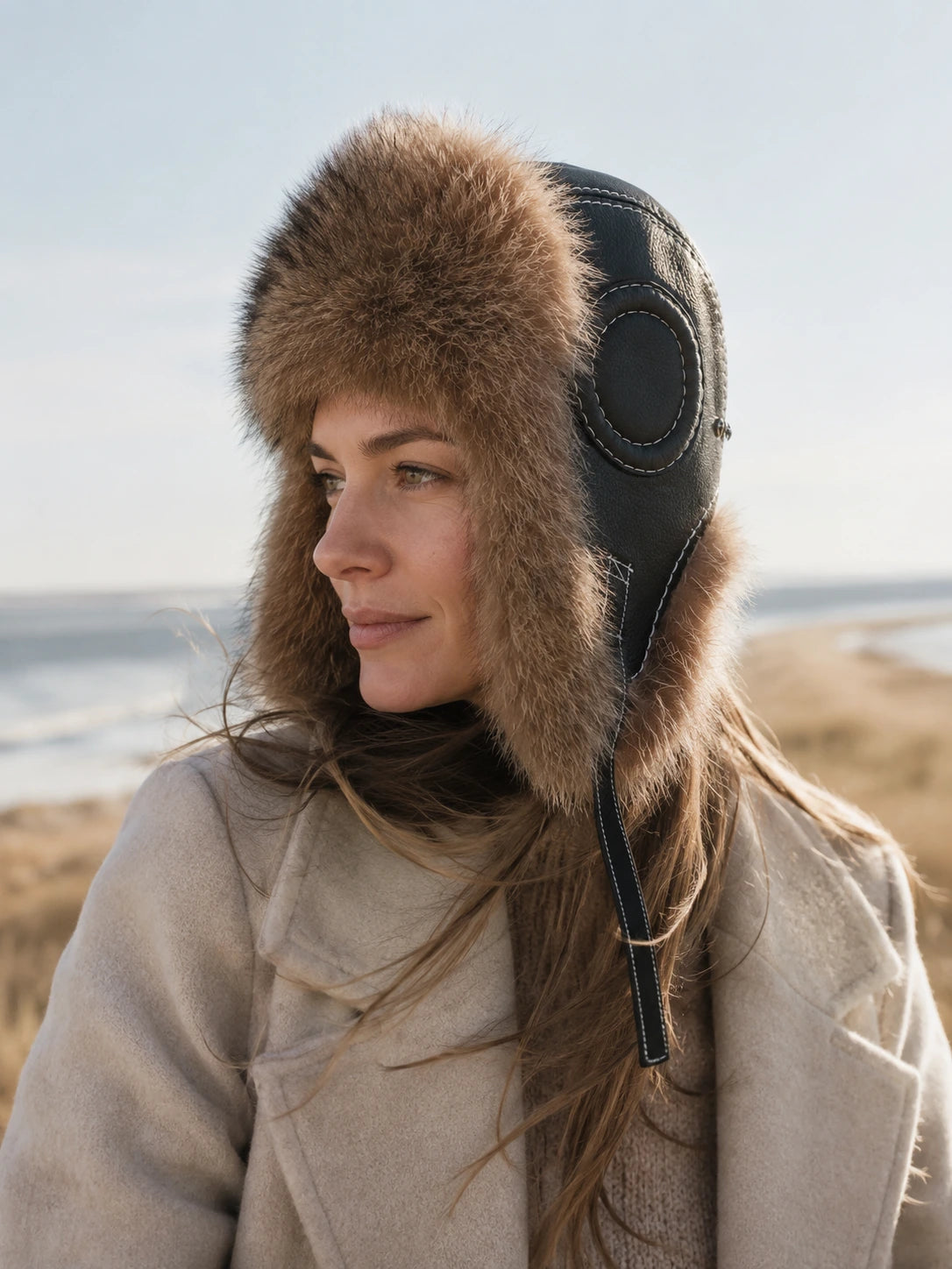 Woman wearing a raccoon dog fur and black sheepskin leather trapper hat near the coast