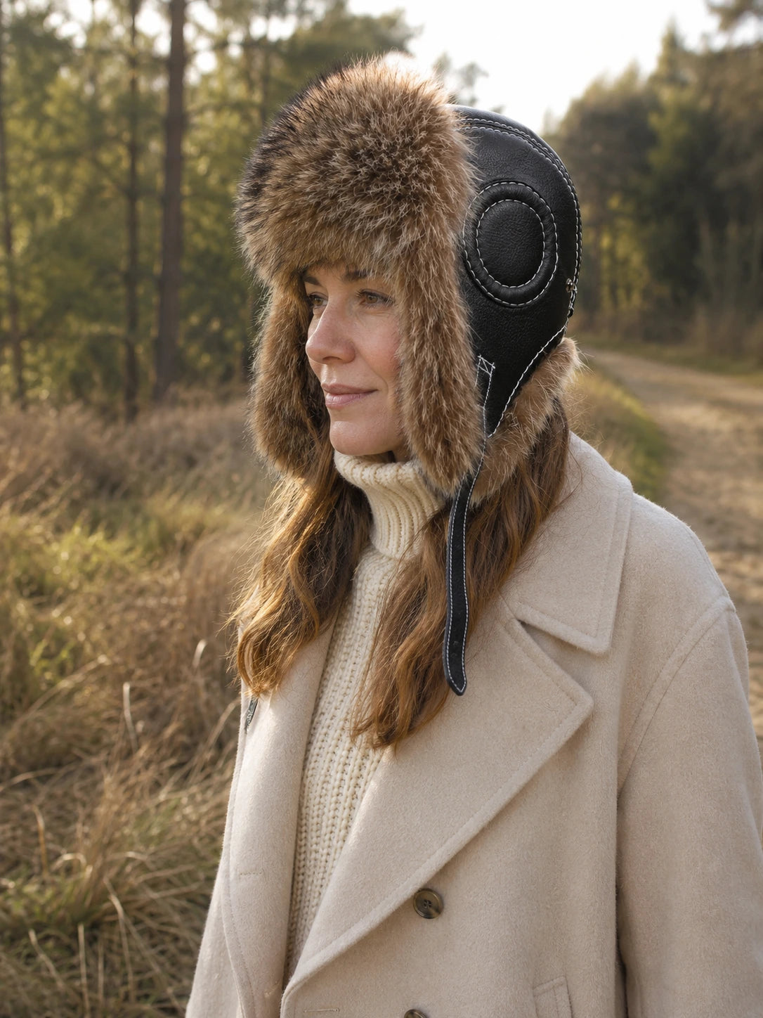 Woman wearing a raccoon dog fur and black sheepskin leather trapper hat on a forest walk