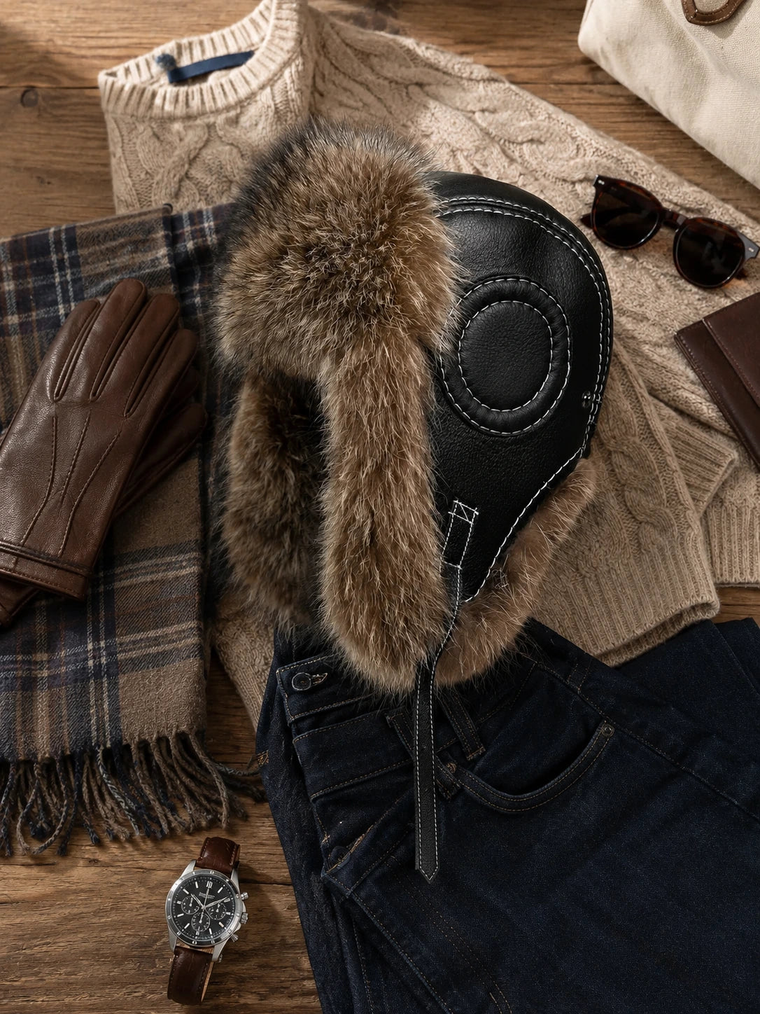 Raccoon dog fur and black sheepskin leather trapper hat in a winter flat lay