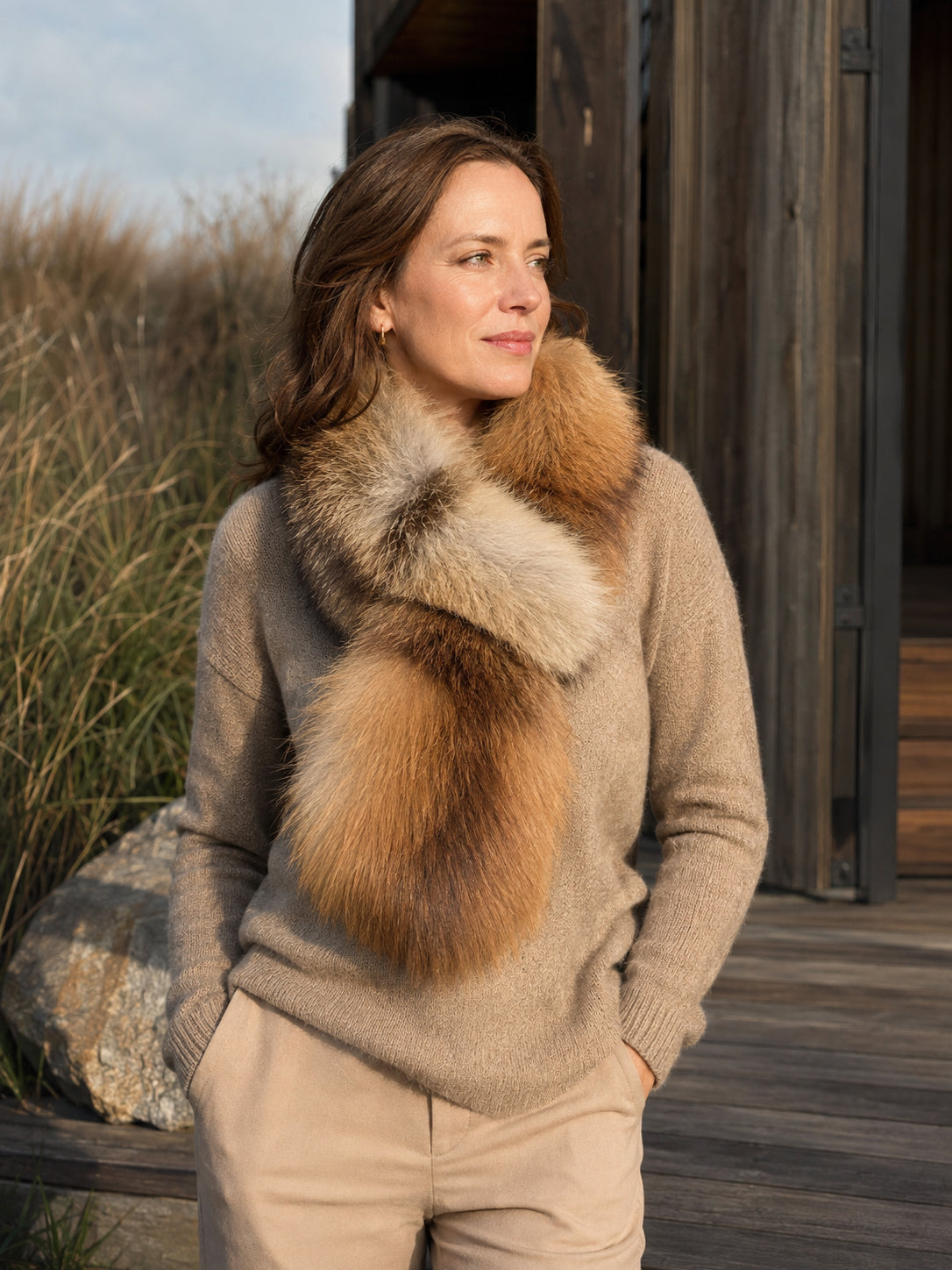 Natural Red Fox double-sided scarf styled outside a cabin