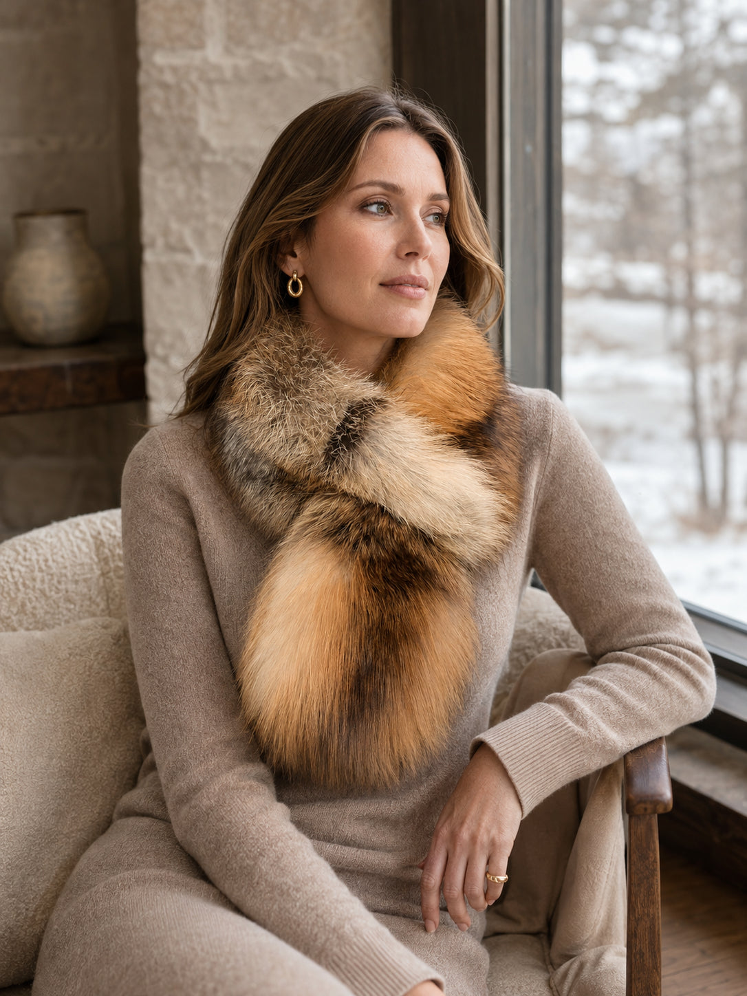 Natural Red Fox double-sided scarf styled by a window