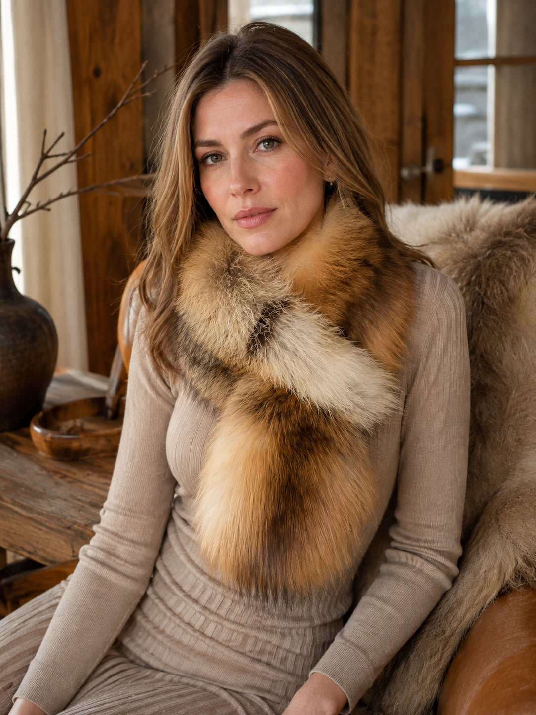 Natural Red Fox double-sided scarf styled indoors