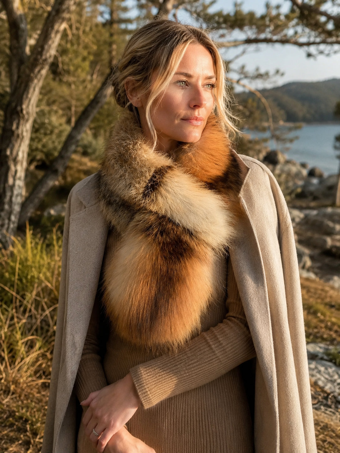 Natural Red Fox double-sided scarf styled outdoors by water