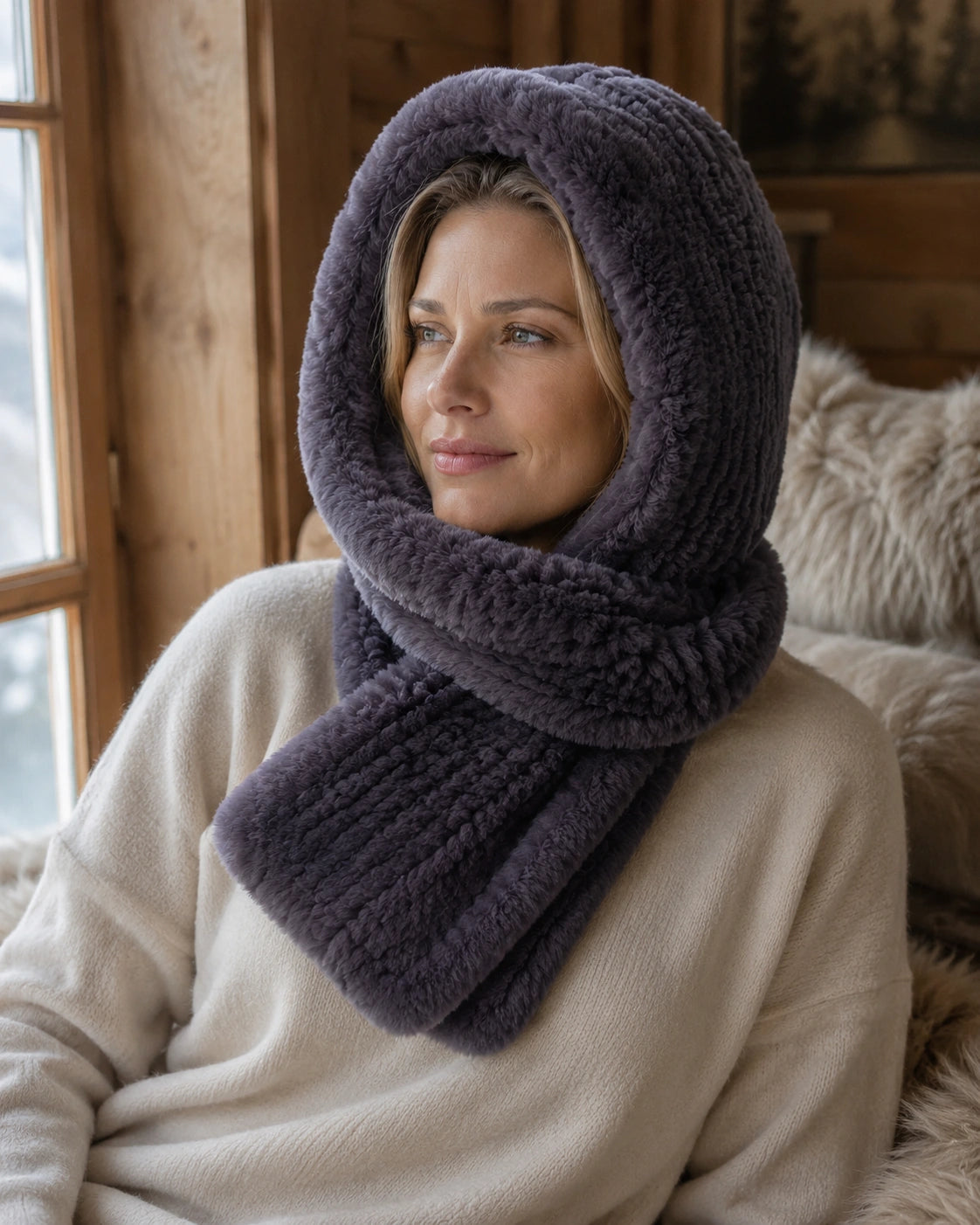 Woman styling a charcoal fur hooded scarf beside a winter cabin