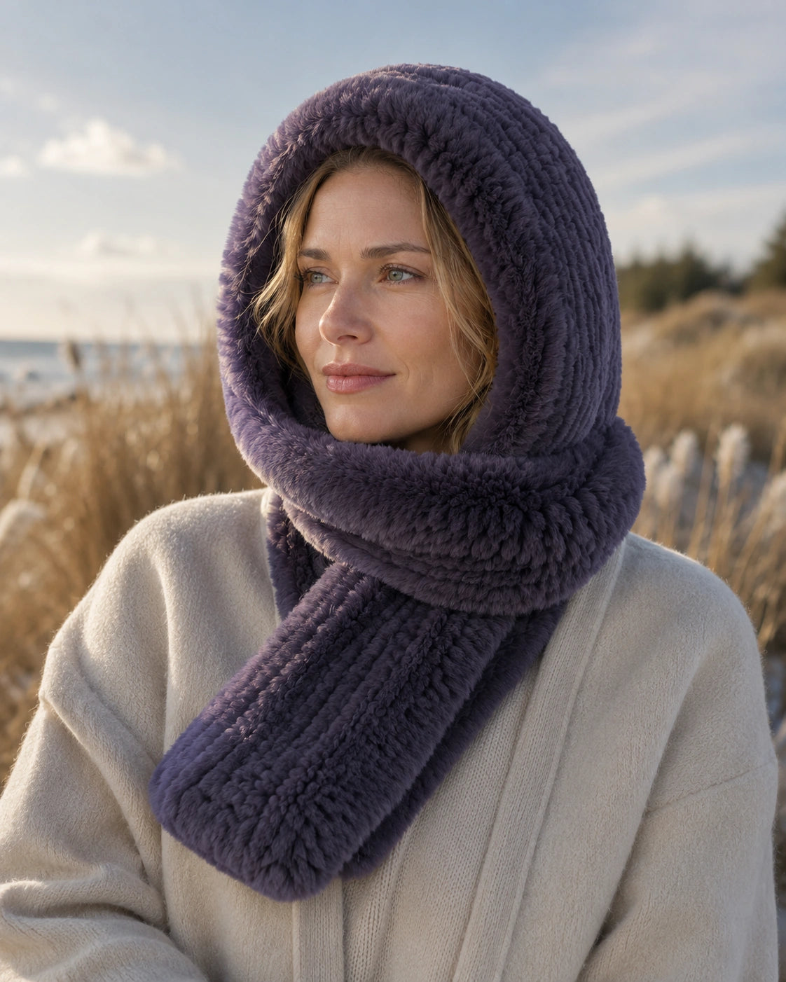 Woman wearing a charcoal fur hooded scarf outdoors