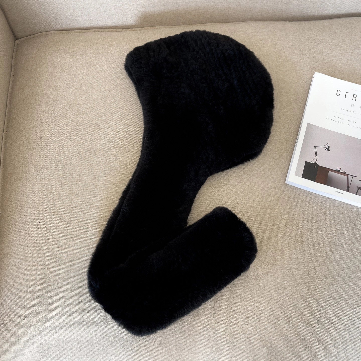 Natural Black Rex rabbit fur hooded scarf, Connected style