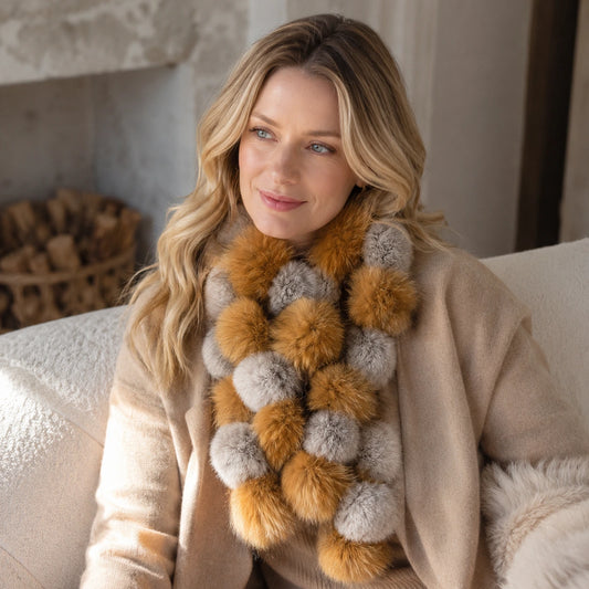 Amber and raccoon gray genuine fur cross scarf worn with a neutral coat
