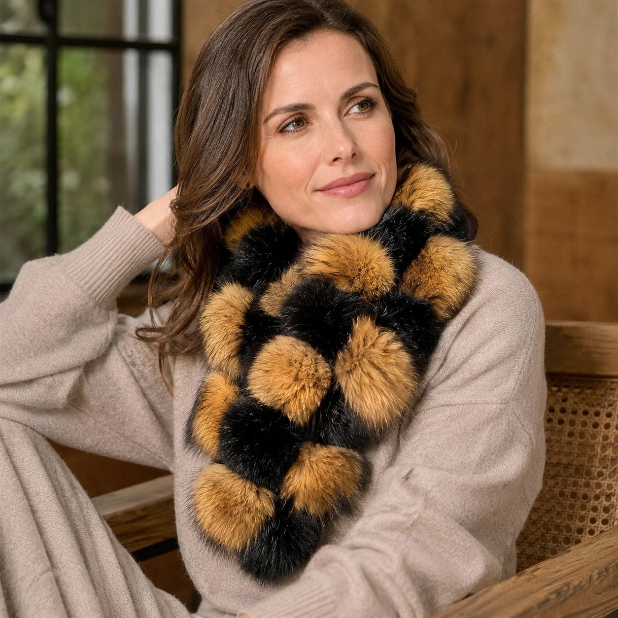 Amber and natural black genuine fur cross scarf worn in a warm interior