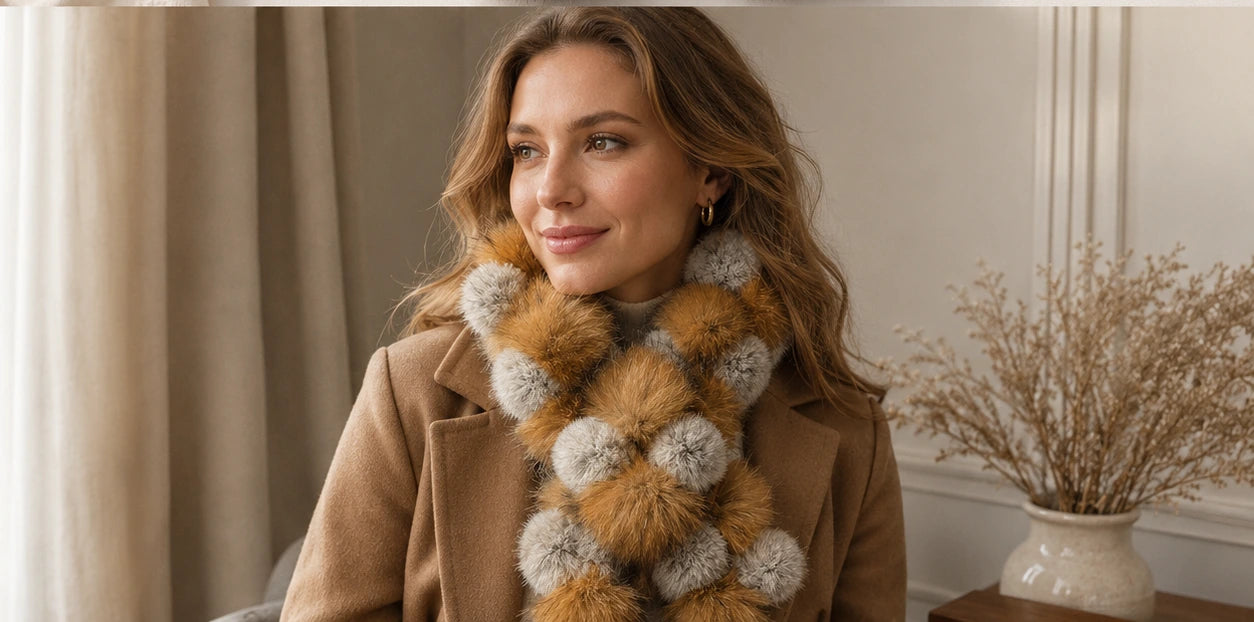Amber and raccoon gray fur scarf worn as a compact winter collar