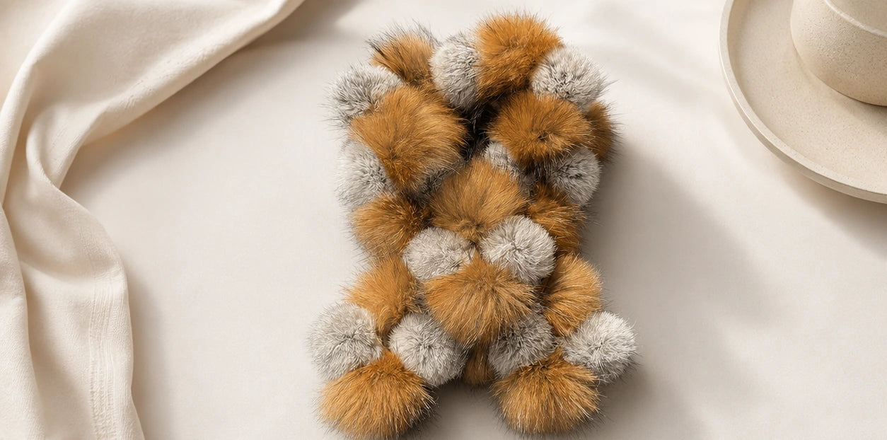 Amber and raccoon gray genuine fur cross scarf styled with neutral textiles