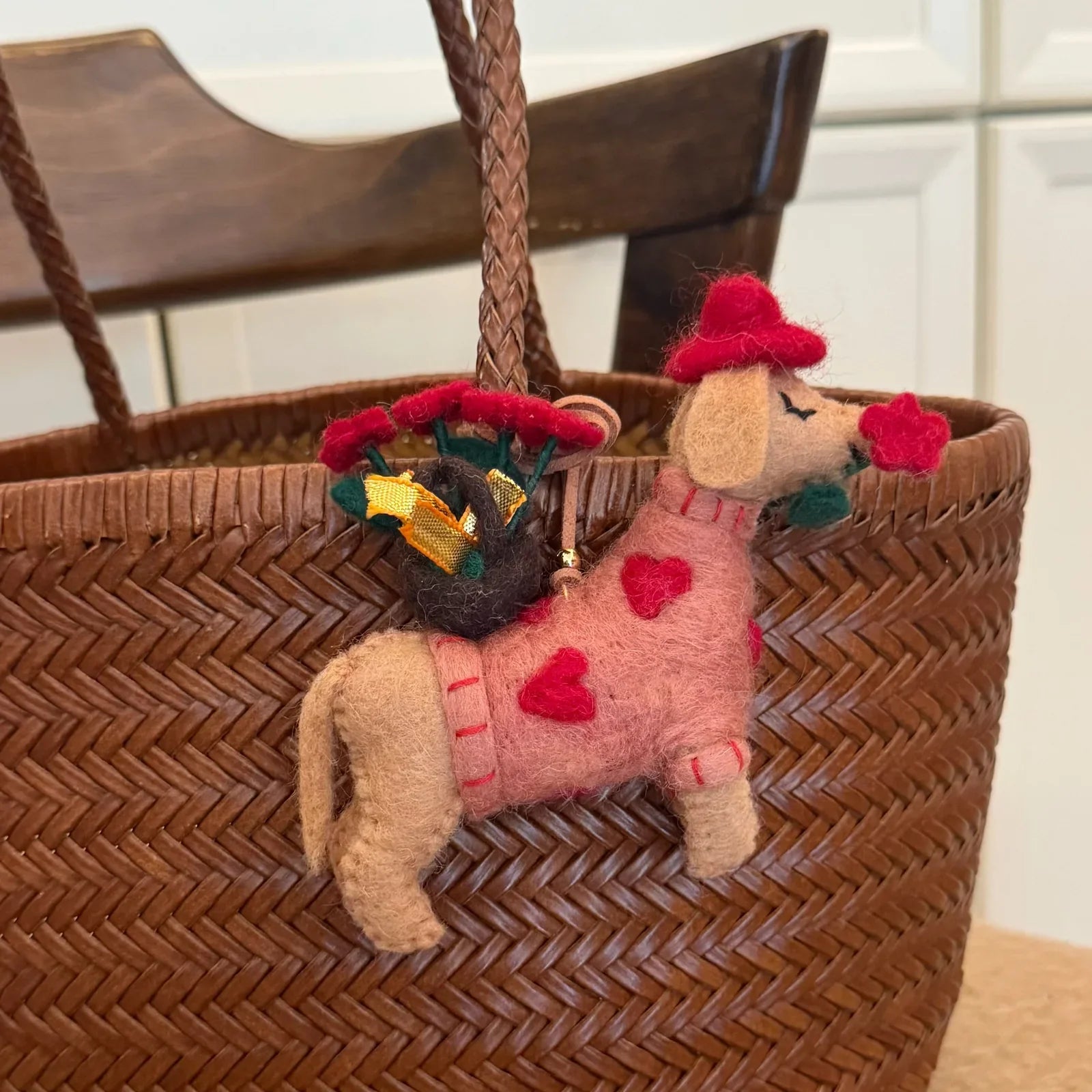 Rose dog wool felt charm with floral basket detail