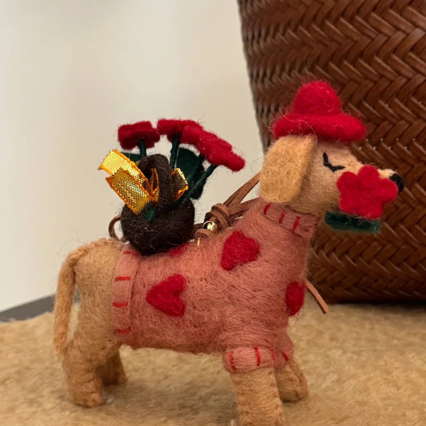 Rose dog wool felt charm with heart appliques and flower basket