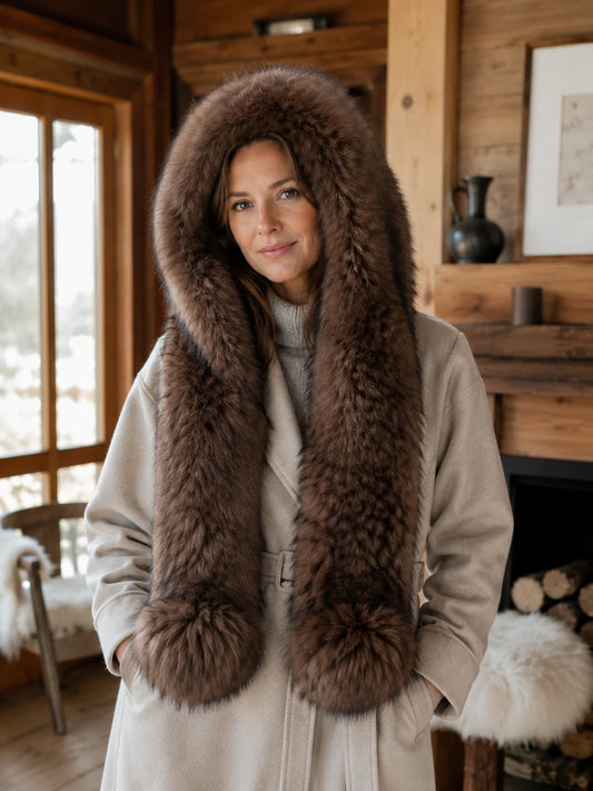 Woman wearing a deep sable brown fox fur hooded scarf in a winter cabin
