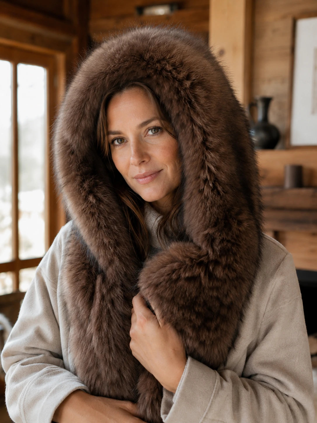 Close view of a deep sable brown fox fur hooded scarf framing the face