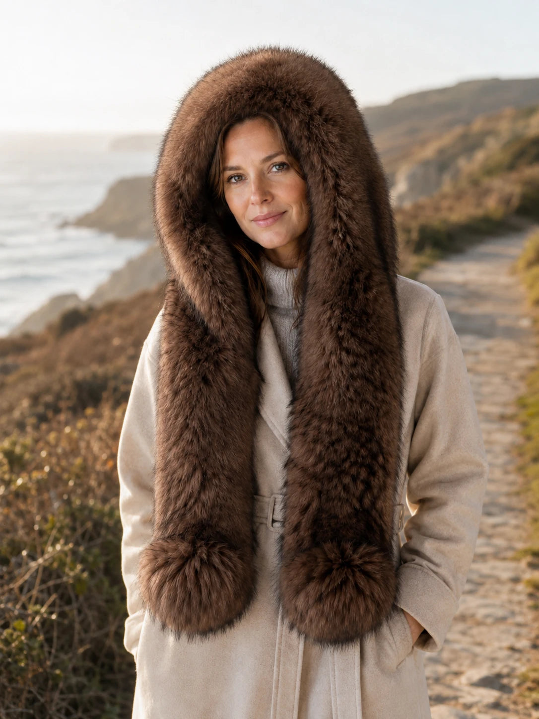 Woman wearing a deep sable brown fox fur hooded scarf on a coastal walk